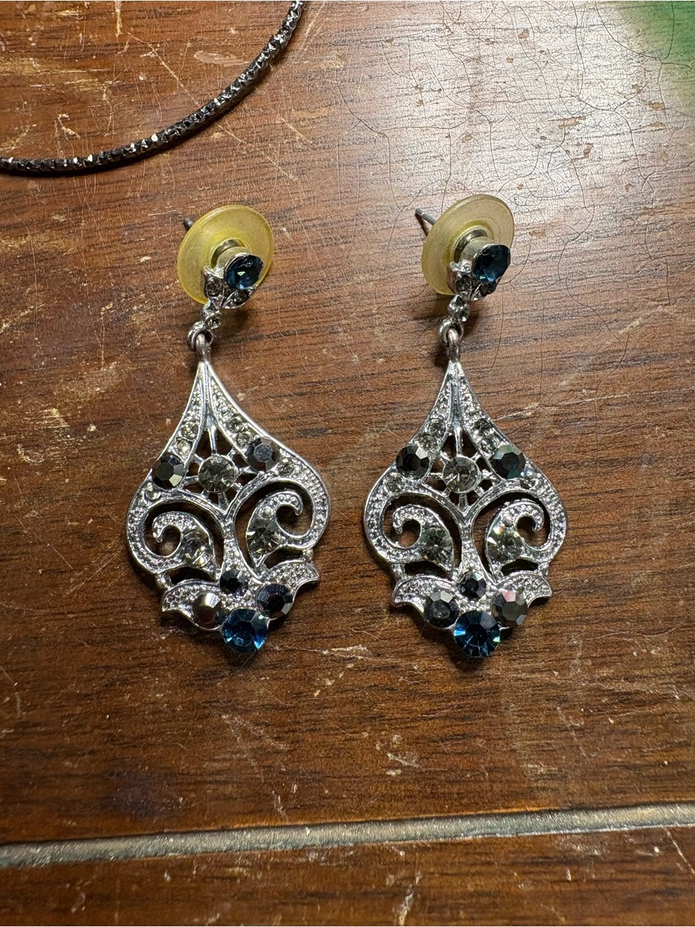 Silver-Tone Blue Crystal Filigree Drop Earrings